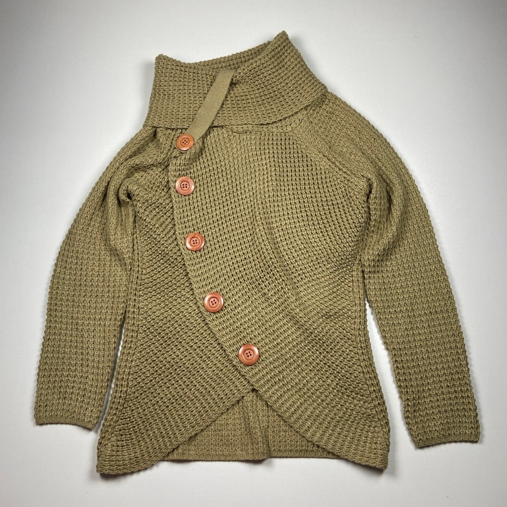 Grecarelle Waffle Knit Cowl Neck Asymmetric Button Wrap Sweater Size M Olive-Tan